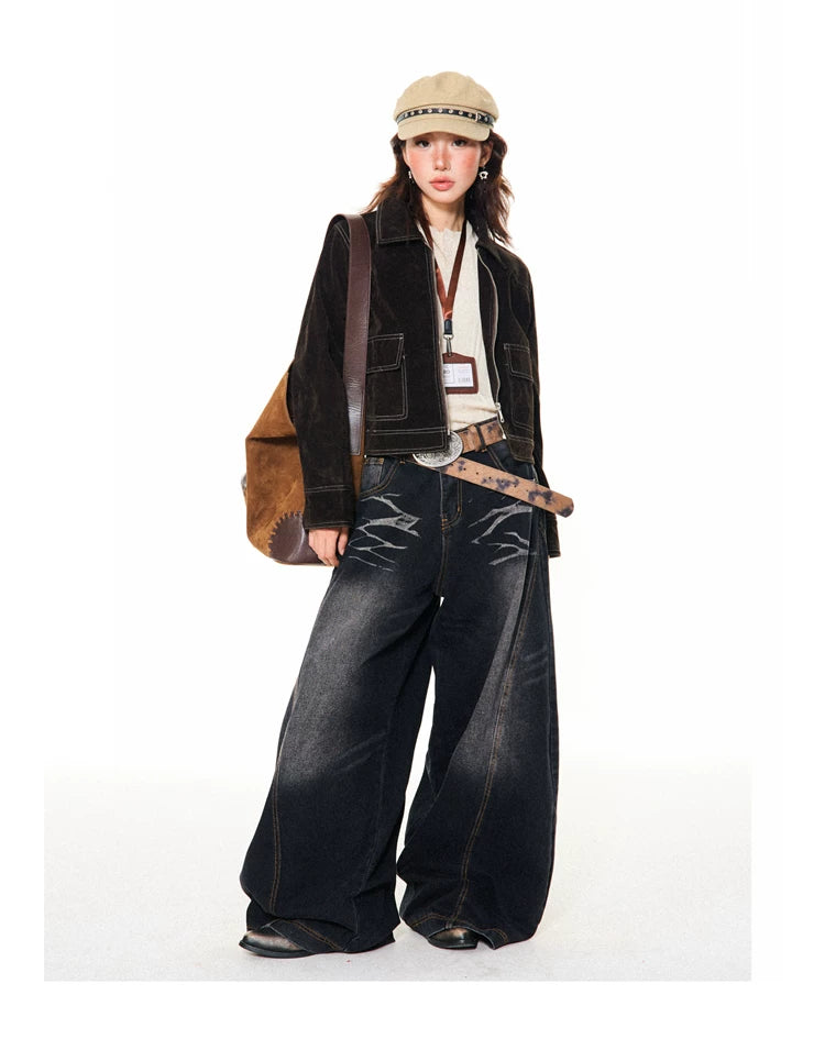 Washed Scratch Detail Wide Leg Denim Jeans