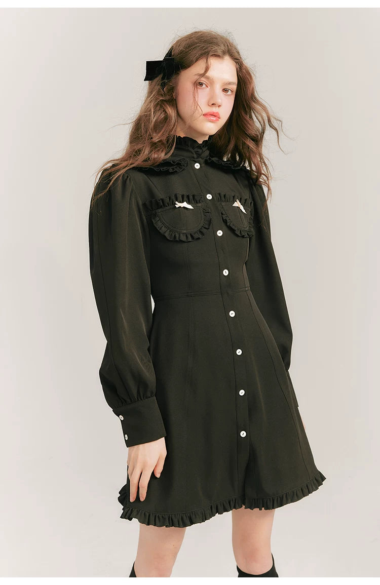 Double Neck Long Sleeve Shirt Dress
