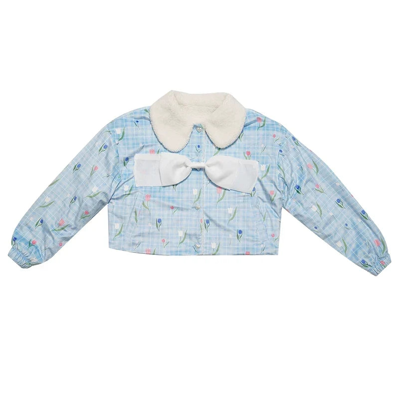Flower Print Bow Fleece Lining Puffer Jacket
