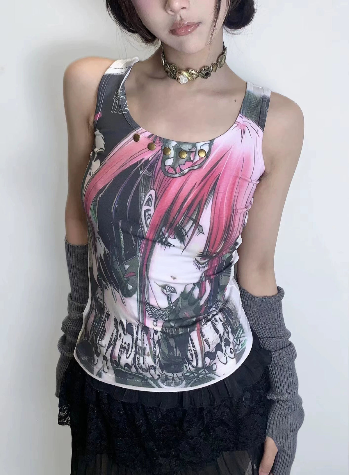 Punk Style 2d Girl Print Rivet Remake Tank Top