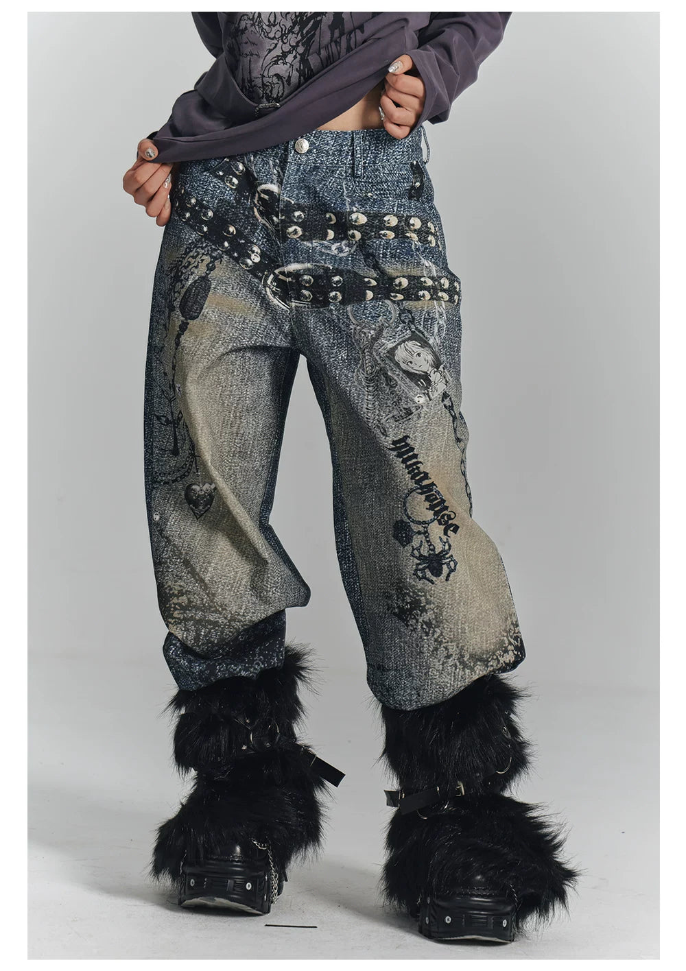 Chain Design Wide Leg Straight Denim Jeans