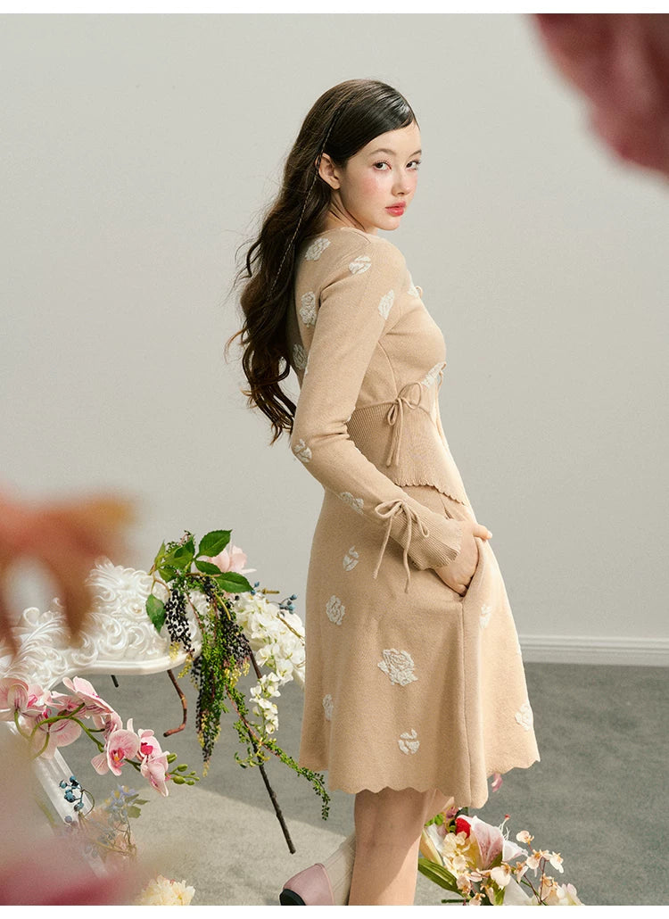 Rose Design Knit Cardigan & Knit Short Skirt Setup