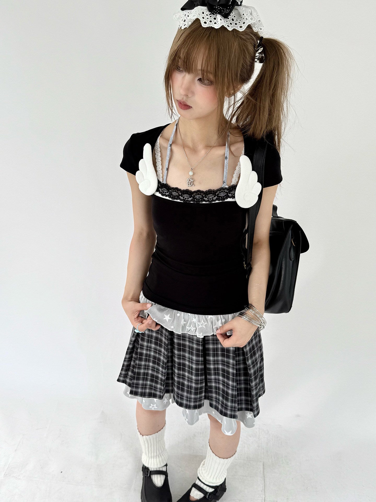 Plaid Lace Layered Star A-Line Short Skirt