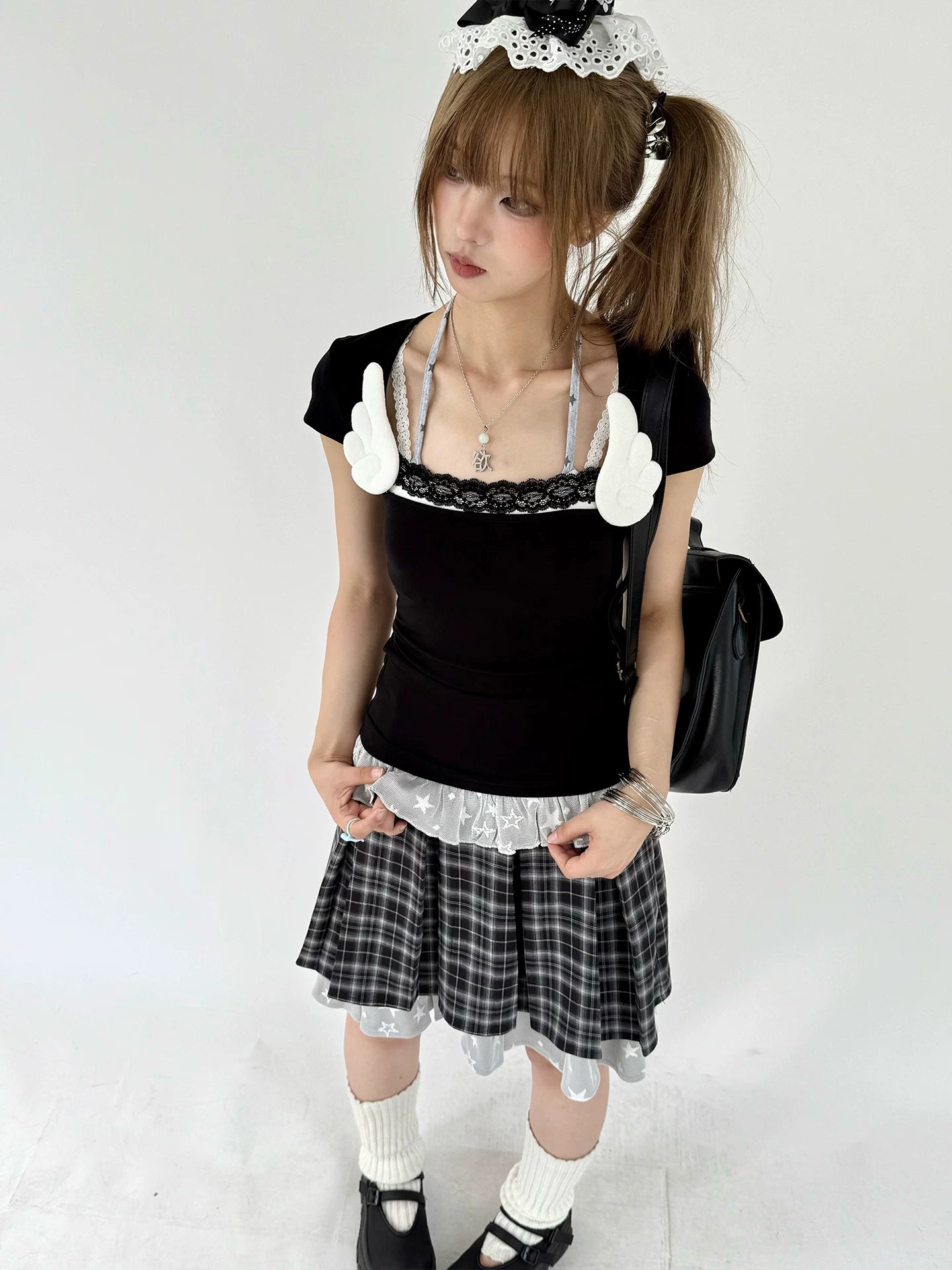 Plaid Lace Layered Star A-Line Short Skirt