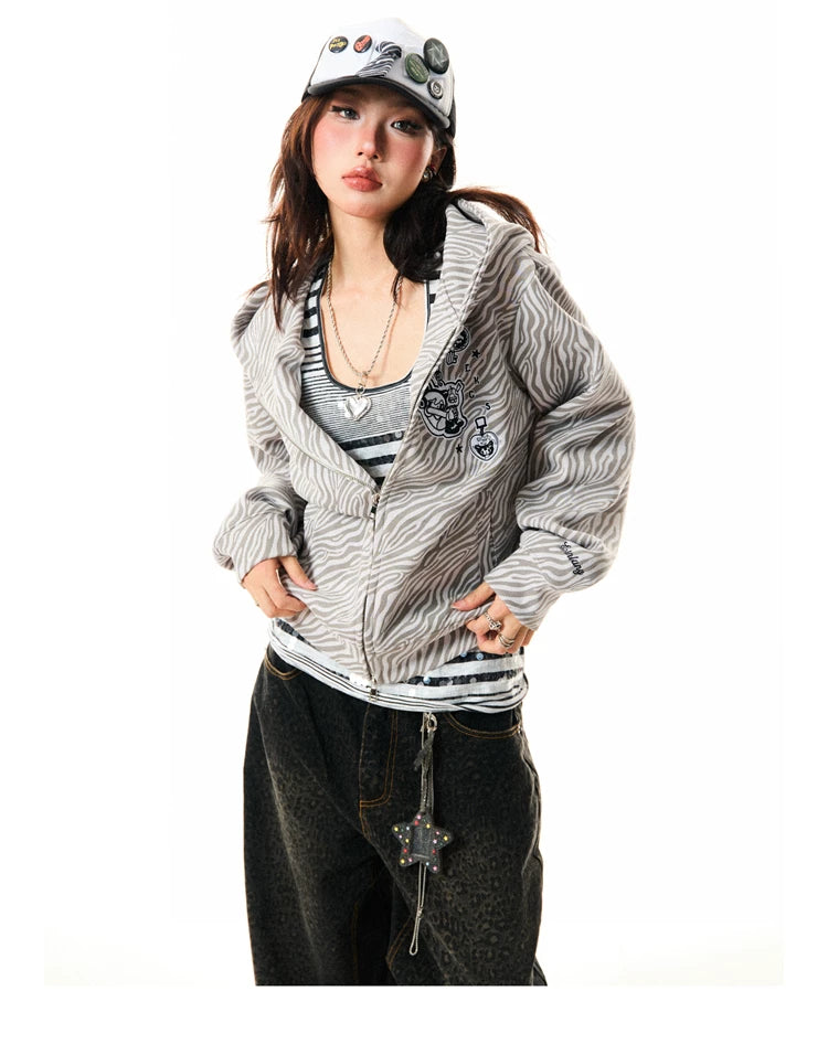 Zebra Print Graphic Zip-Up Hoodie