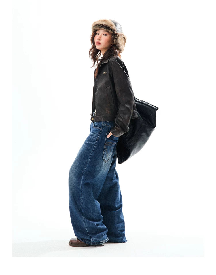 PU Leather Washed Zipper Short Length Jacket