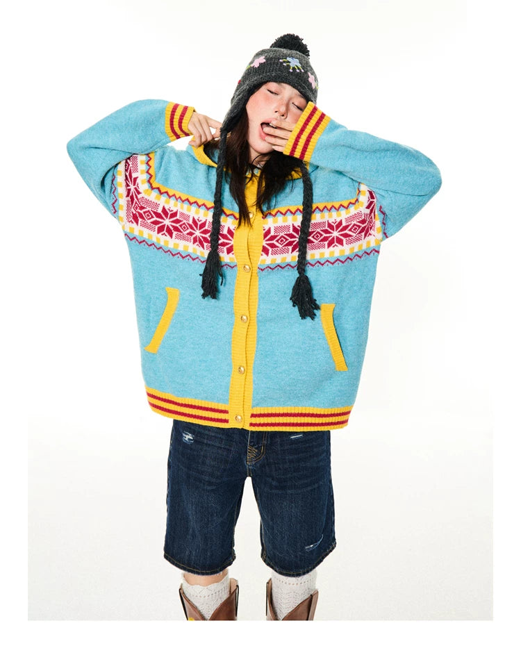 Contrast Pattern Hooded Knit Cardigan