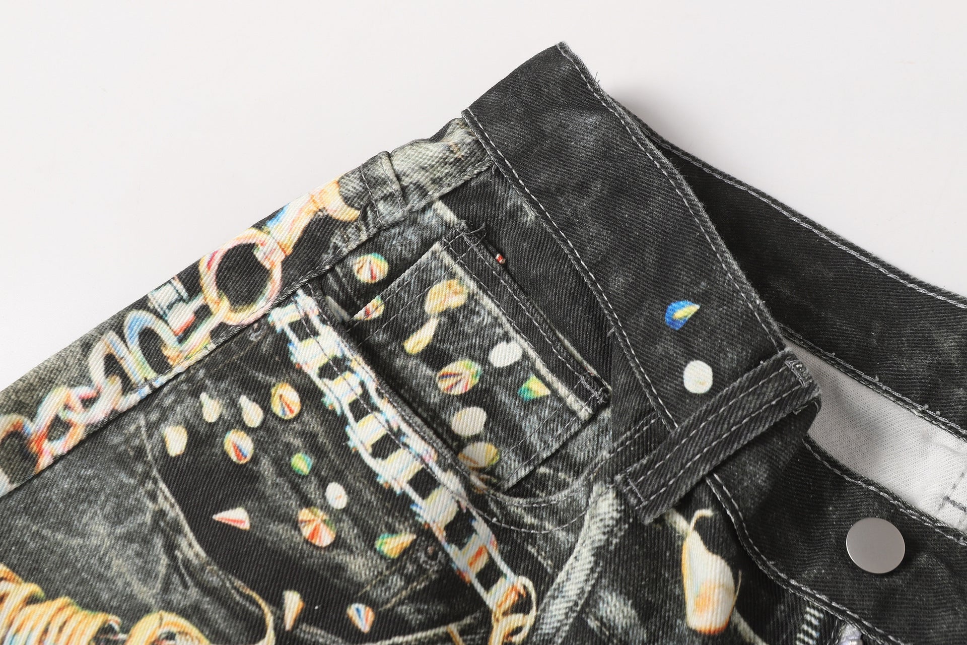 Chain Paint  3D Print Washed Wide Leg Denim Jeans
