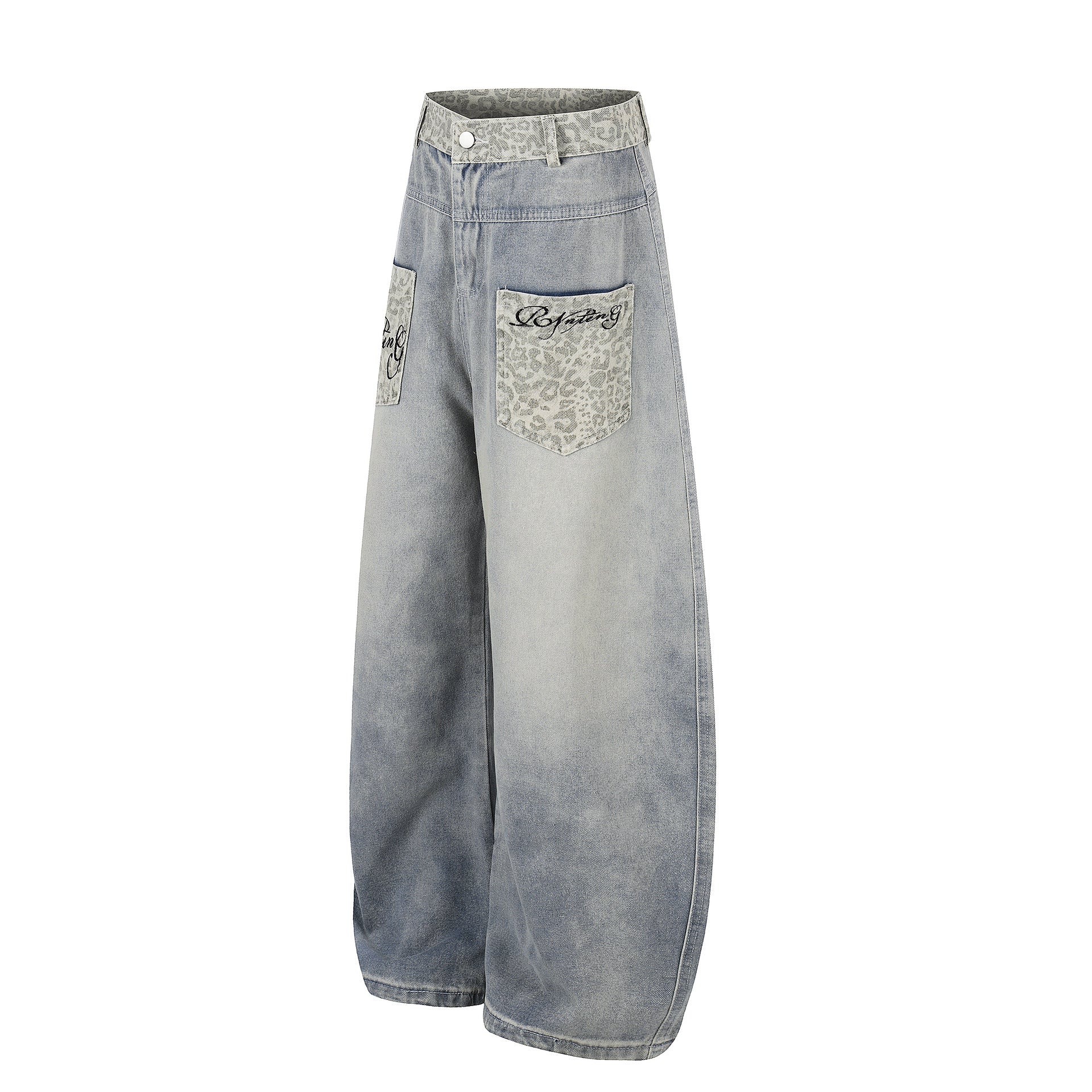 Leopard Print Curved Wide Leg Denim Jeans