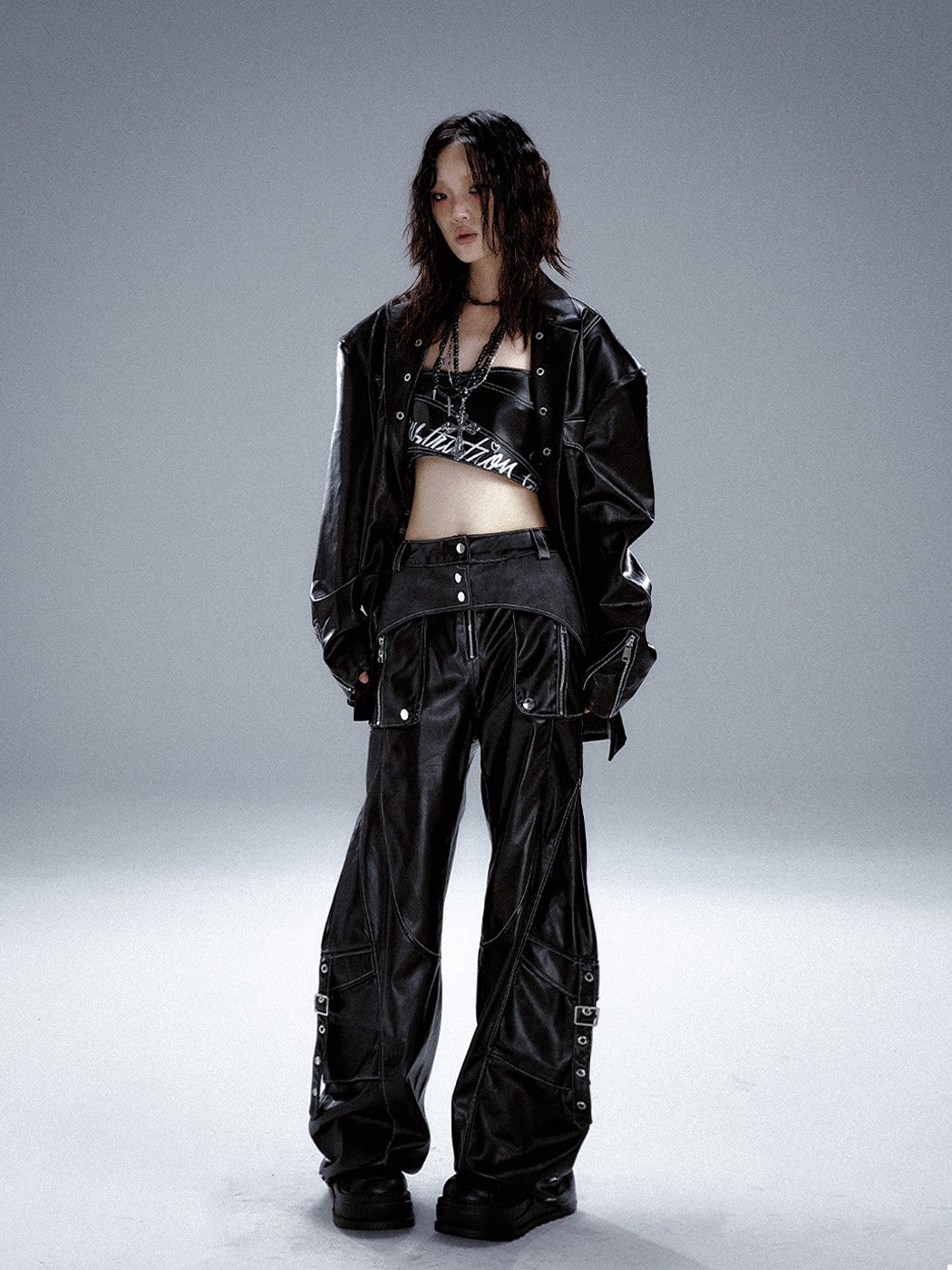 Metal-Embellished Straight-Leg PU Leather Cargo Pants