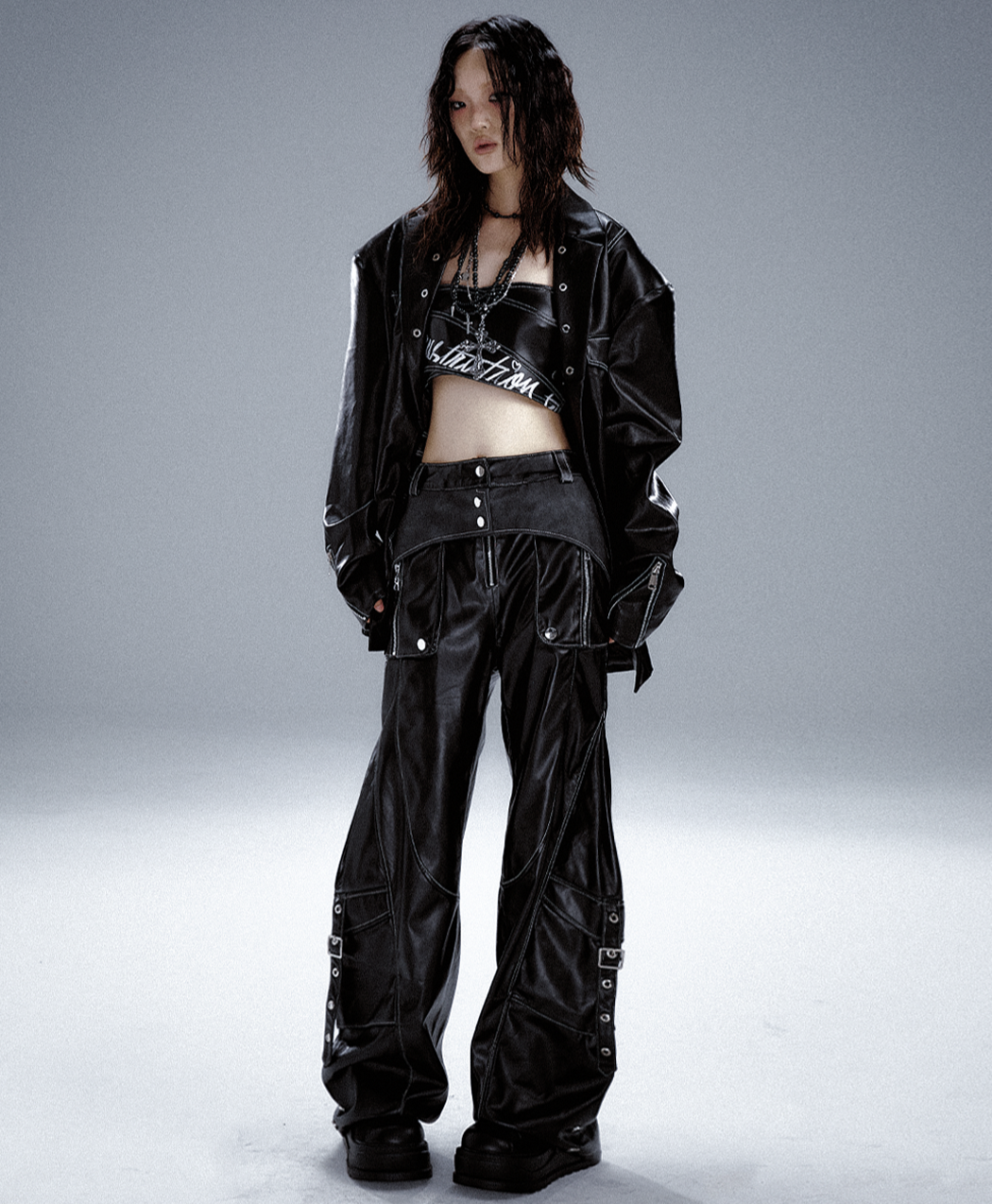Metal-Embellished Straight-Leg PU Leather Cargo Pants