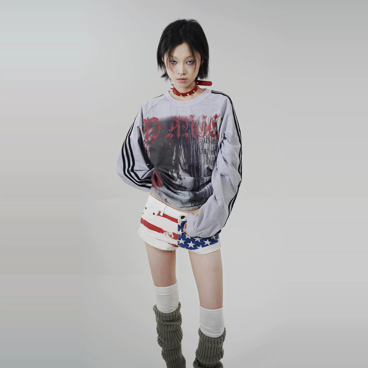 Punk Girl Graphic Gray Long Sleeve T-Shirt