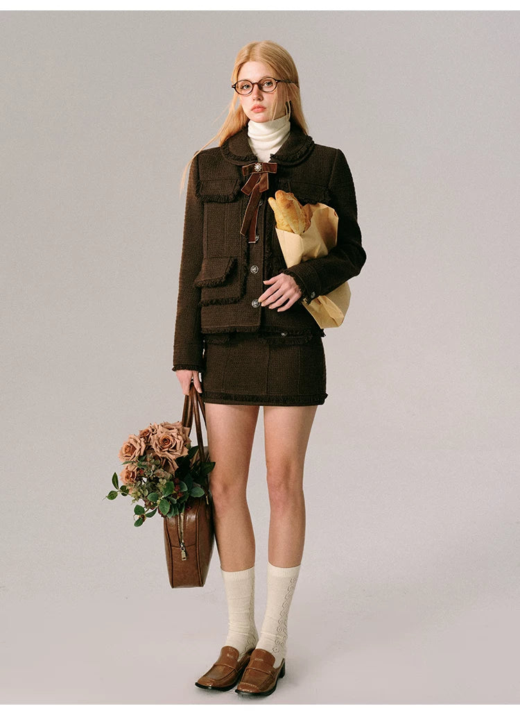 Bow Design Wool Blend Jacket & Short Skirt Setup
