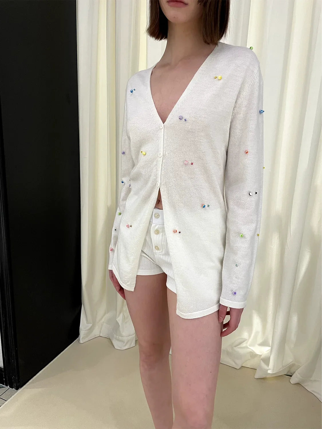 Sheer Hand-Stitched Beads Knit Cardigan