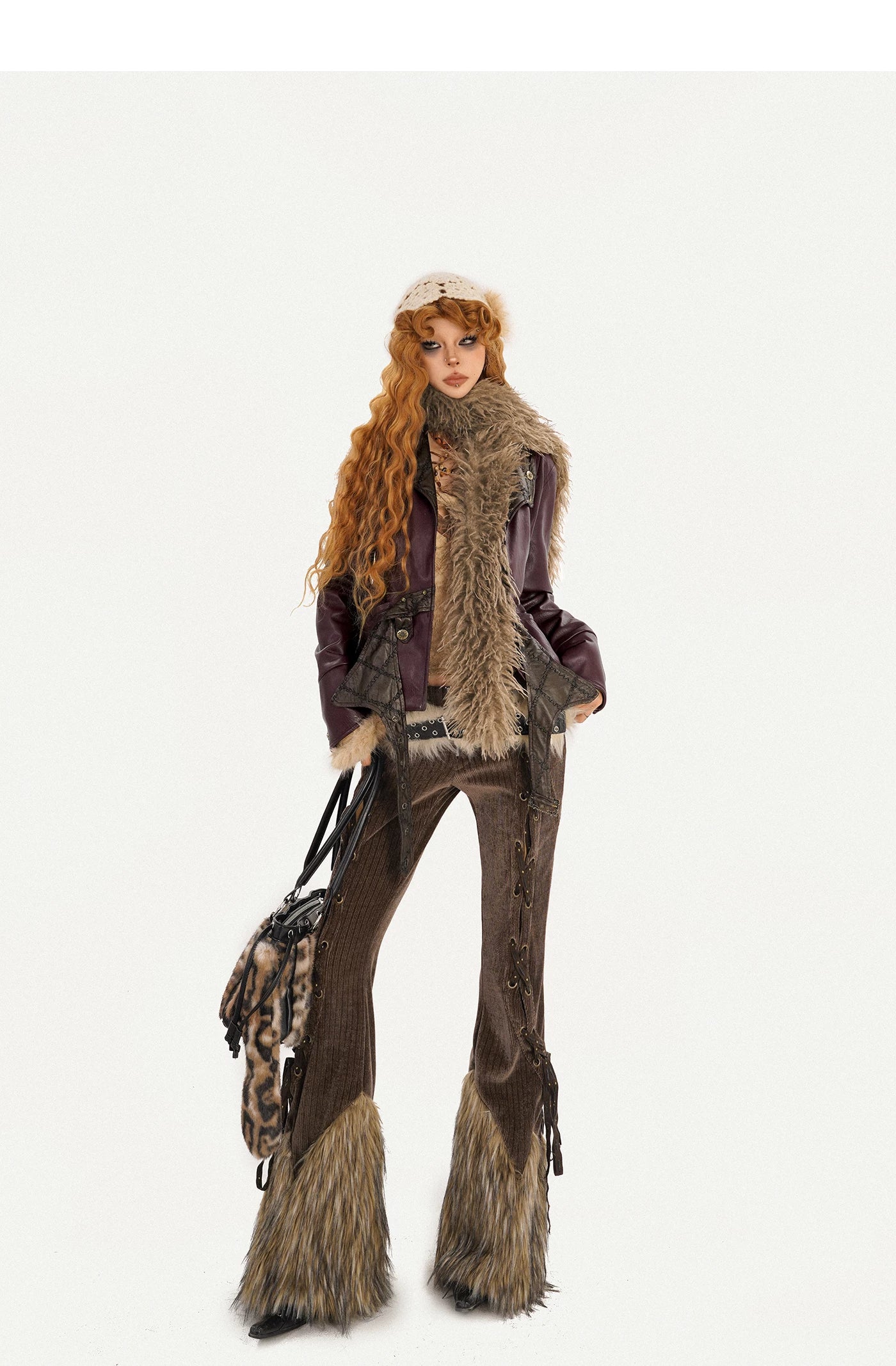 Corduroy Patchwork Fake Fur Lace-Up Slimming Pants