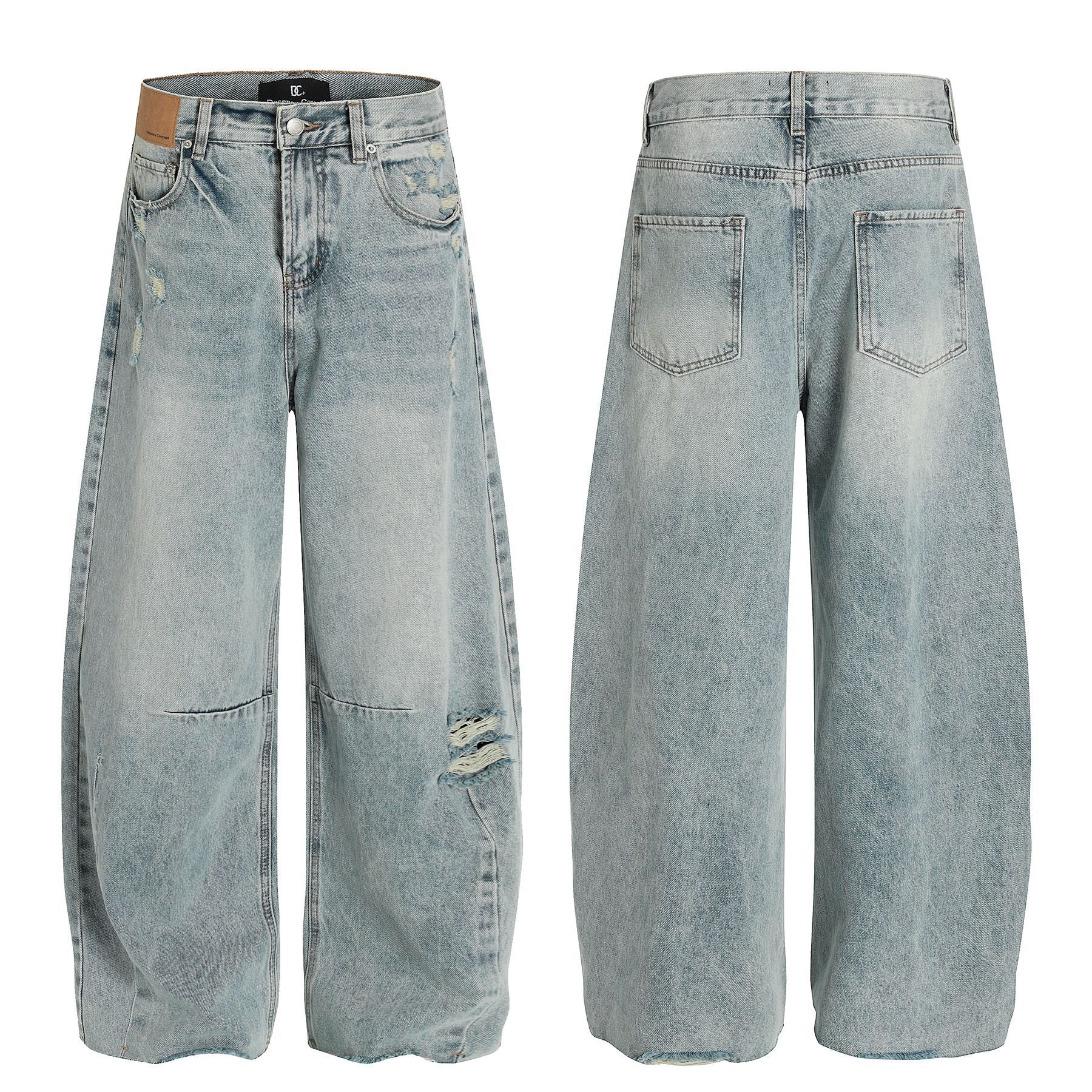 Wash Damage Wide Leg Curved Denim Jeans