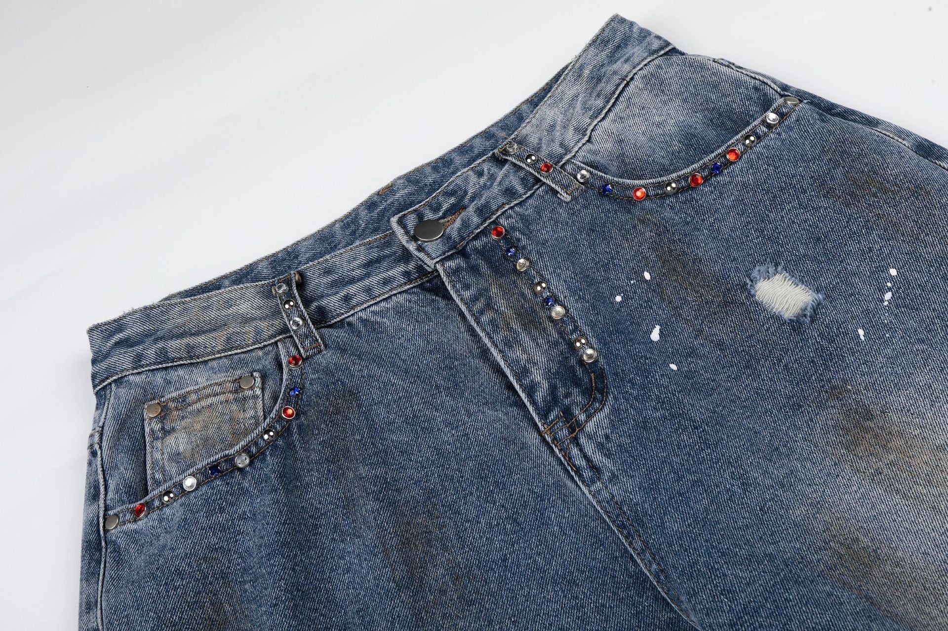 Washed Paint Damage Wide Leg Denim Jeans