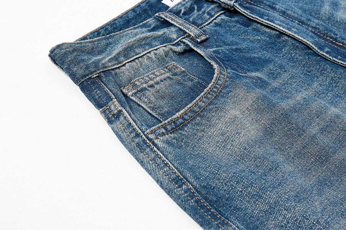 Embroidery Curved Wide Leg Denim Jeans