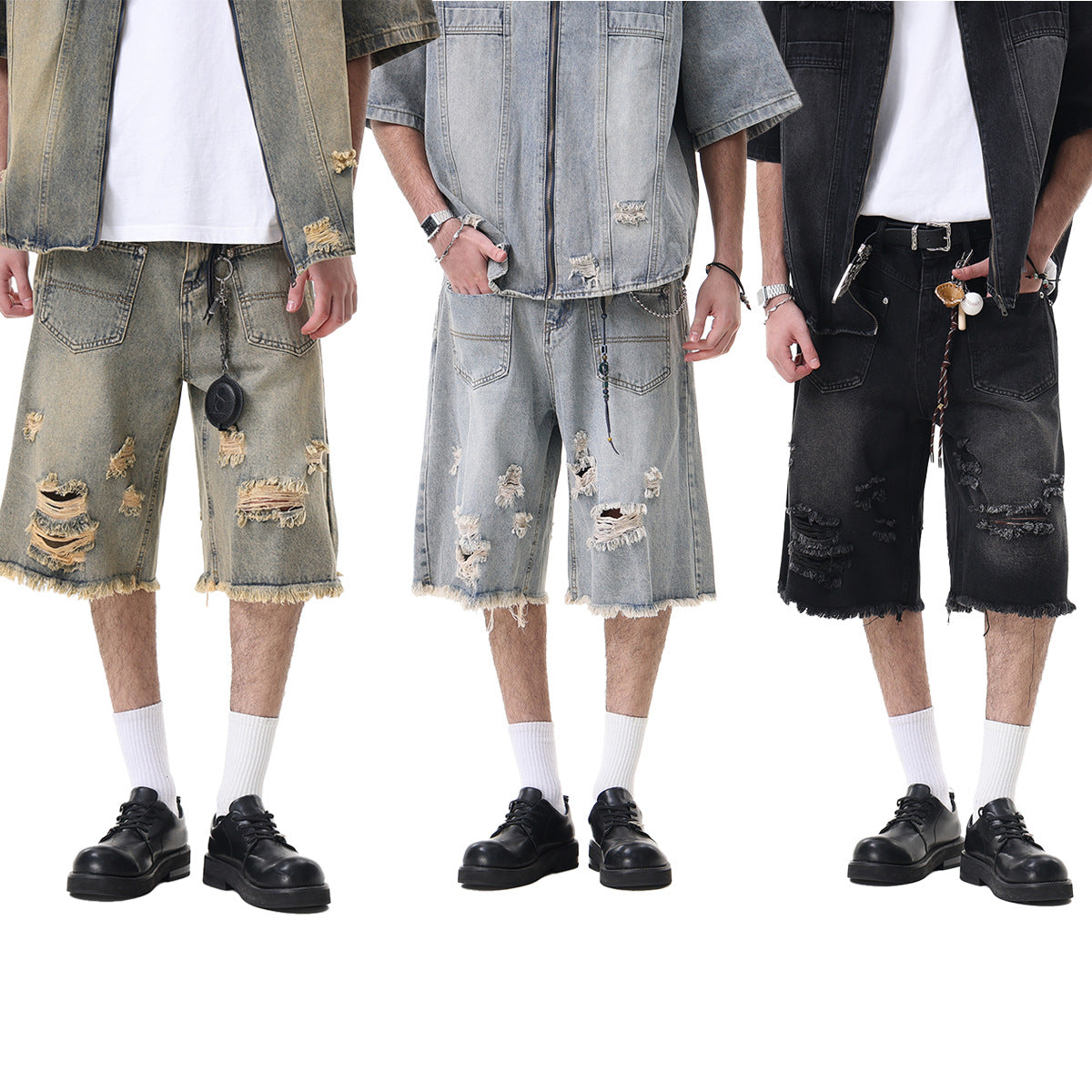Washed Damage Wide Leg Denim Short Pants