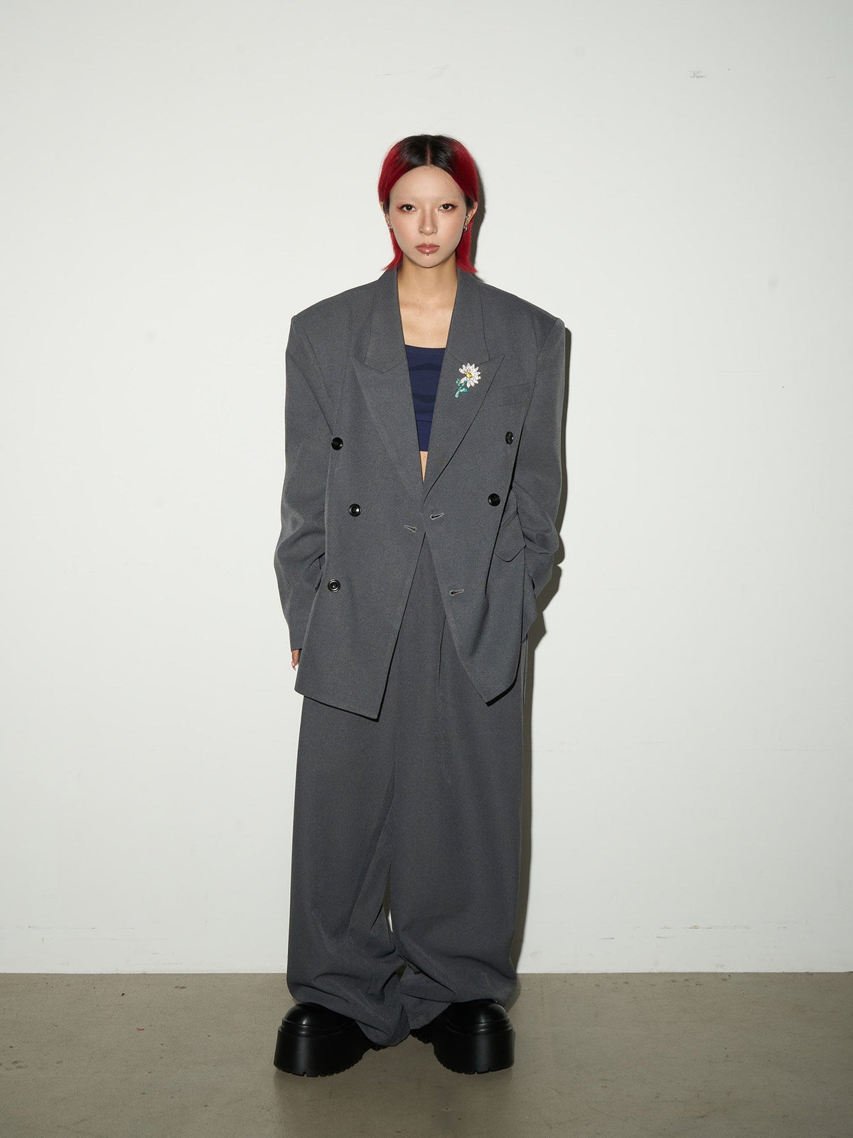 Daisy Brooch Double-Breasted Tailored Jacket & Straight Trousers Setup