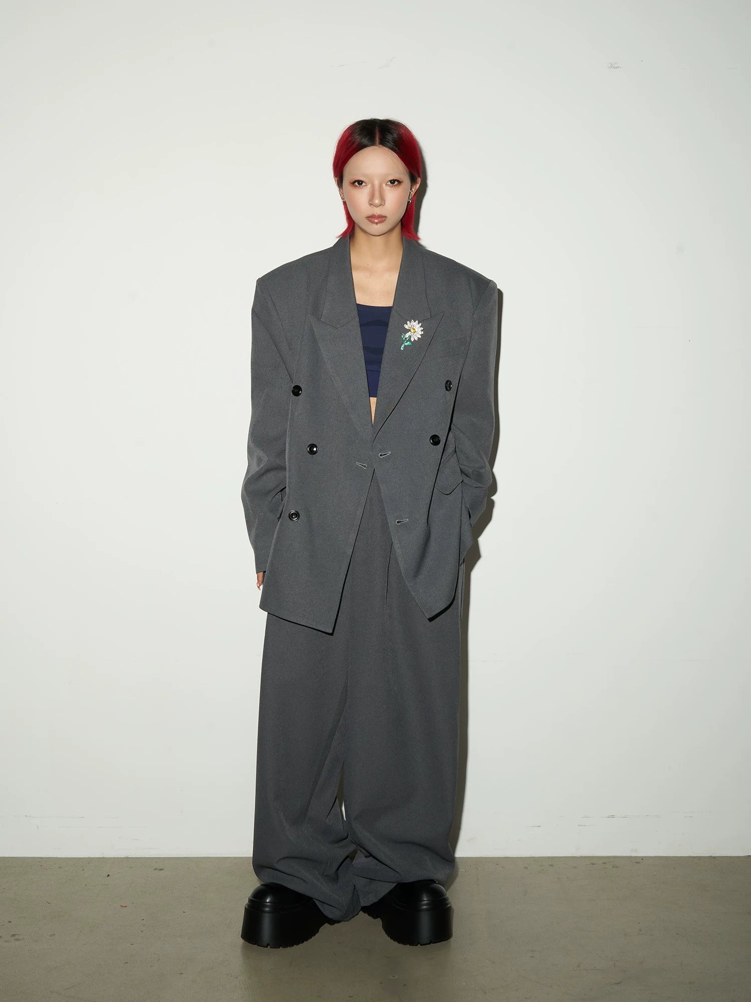 Daisy Brooch Double-Breasted Tailored Jacket & Straight Trousers Setup