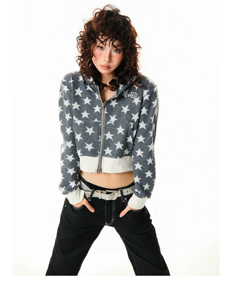 Star Print Cropped Zip-Up Hoodie