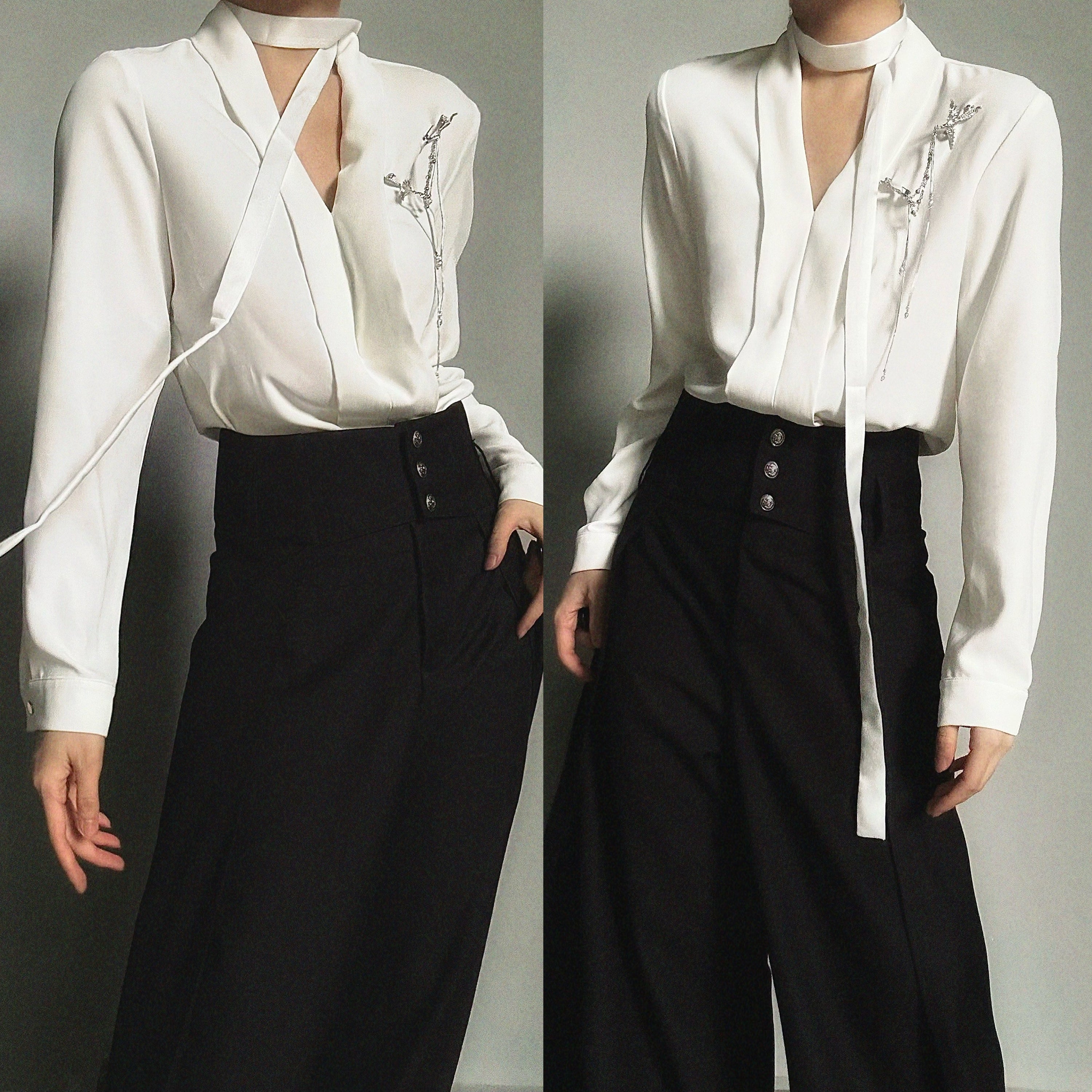 Camicia a maniche lunghe con scollo a V e drappeggio