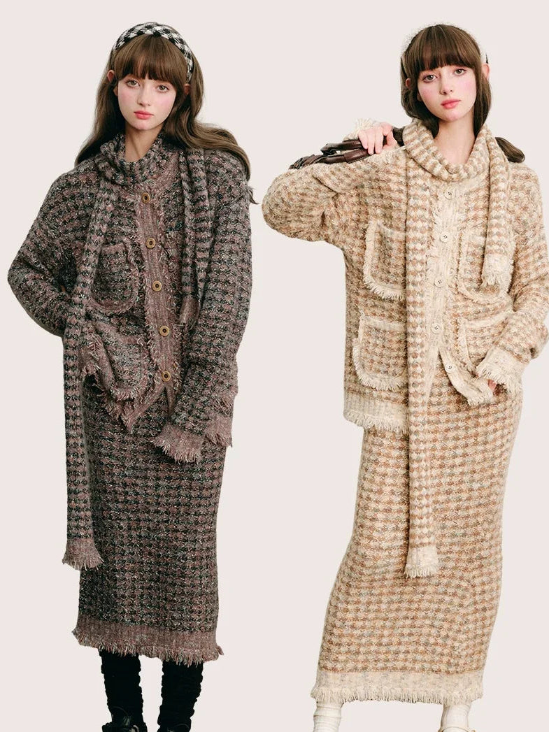 Plaid Button Cardigan & Scarf & Long Skirt Setup
