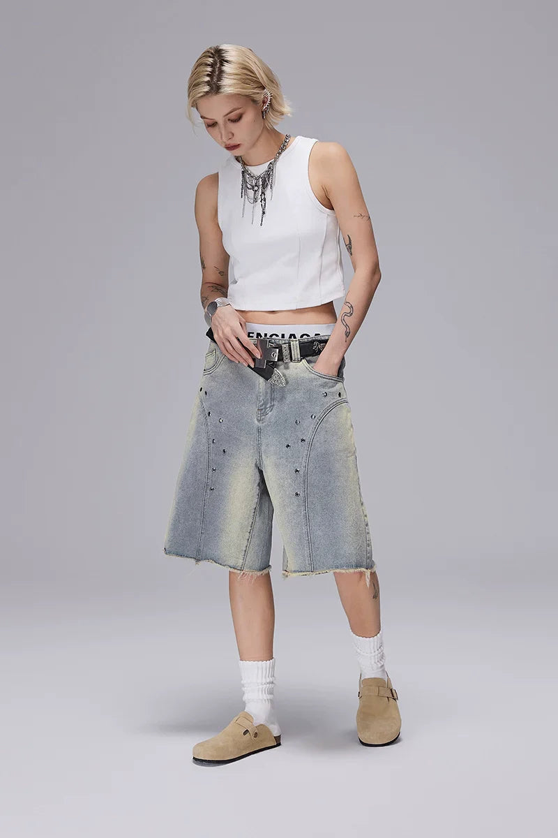 Panel Perforated Wash Straight Denim Short