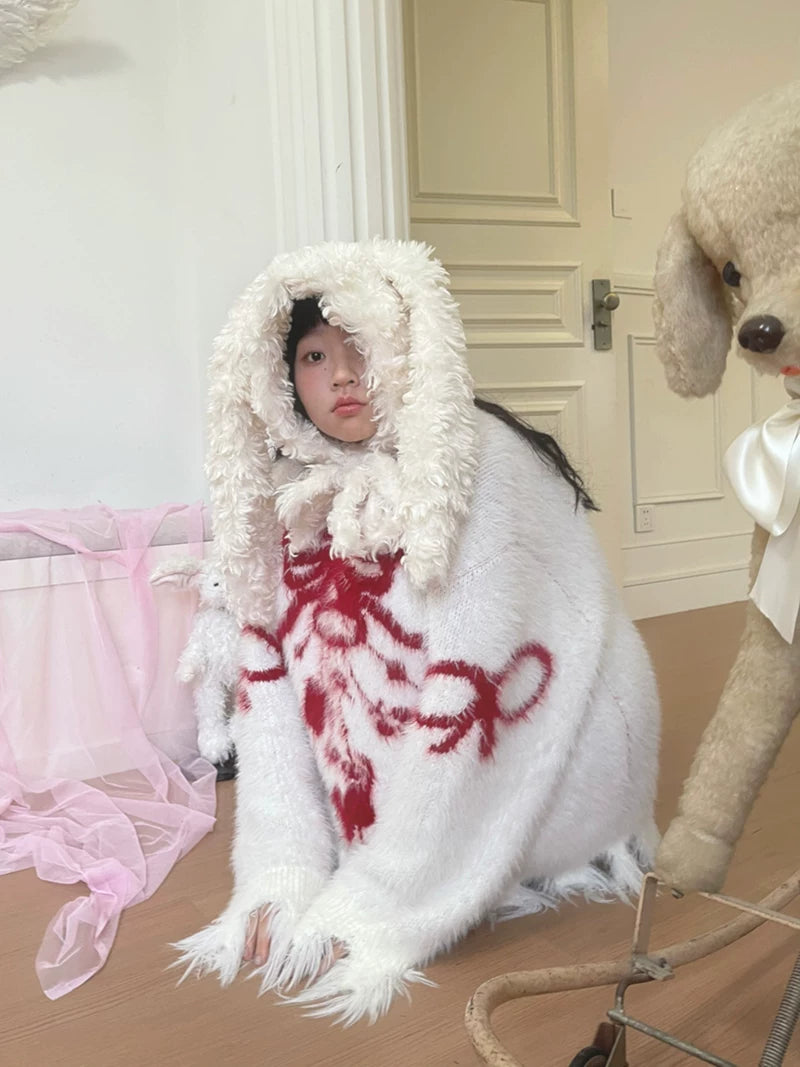 Bow Design Shaggy Knit Sweater