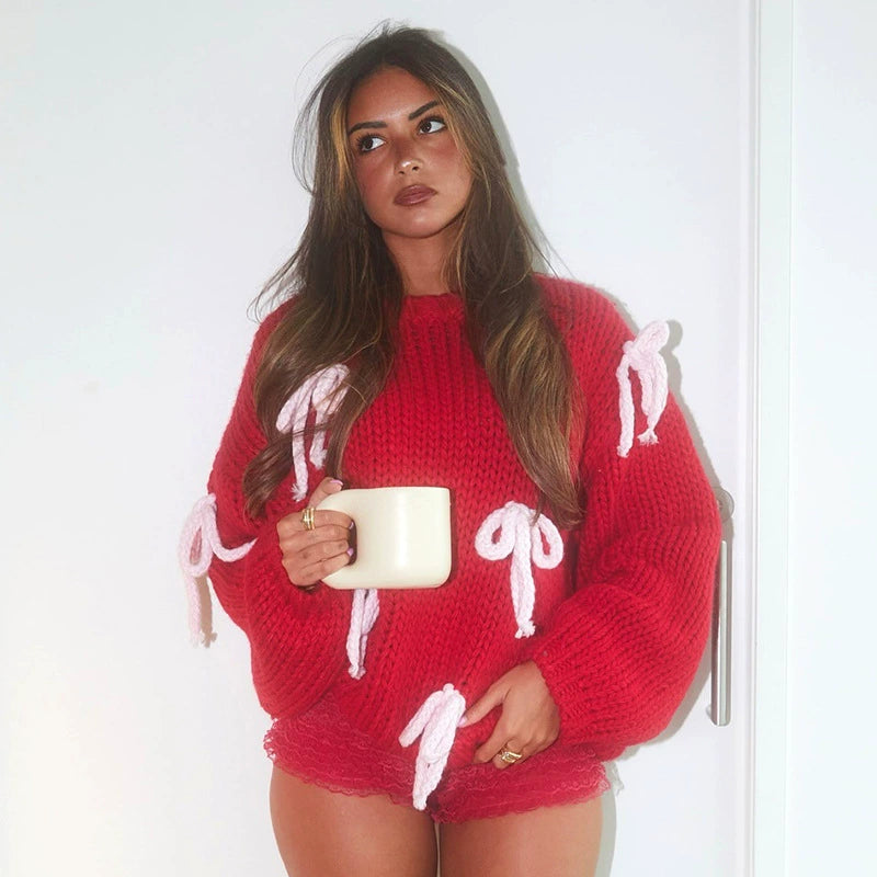 Bow Detailed Puff Sleeves Loose Knit