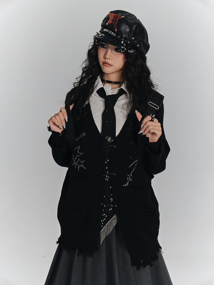 Safety Pin V-Neck Oversize Knit Cardigan