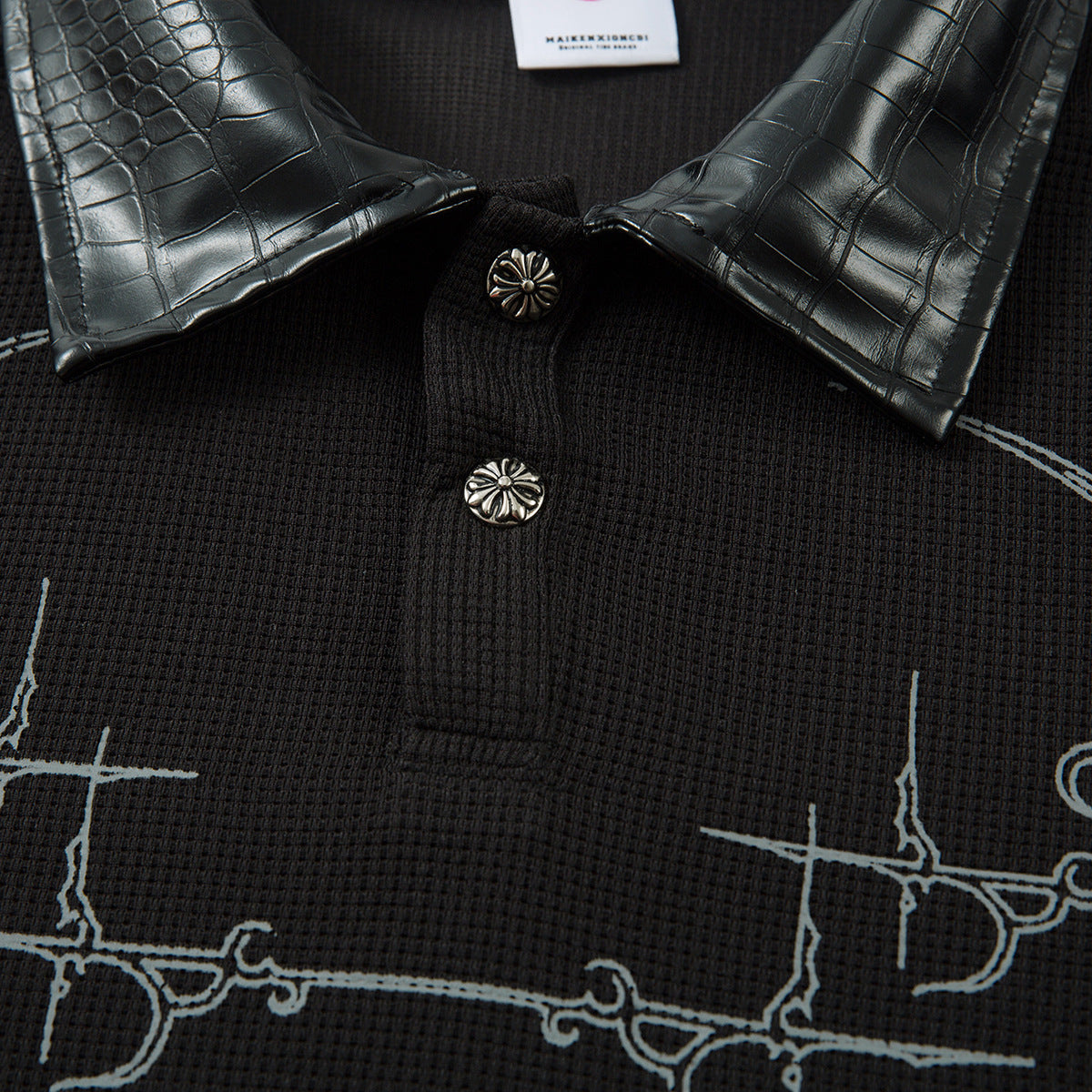 PU Leather Collar Thorn Print Fake Layered Long Sleeve Polo Shirt