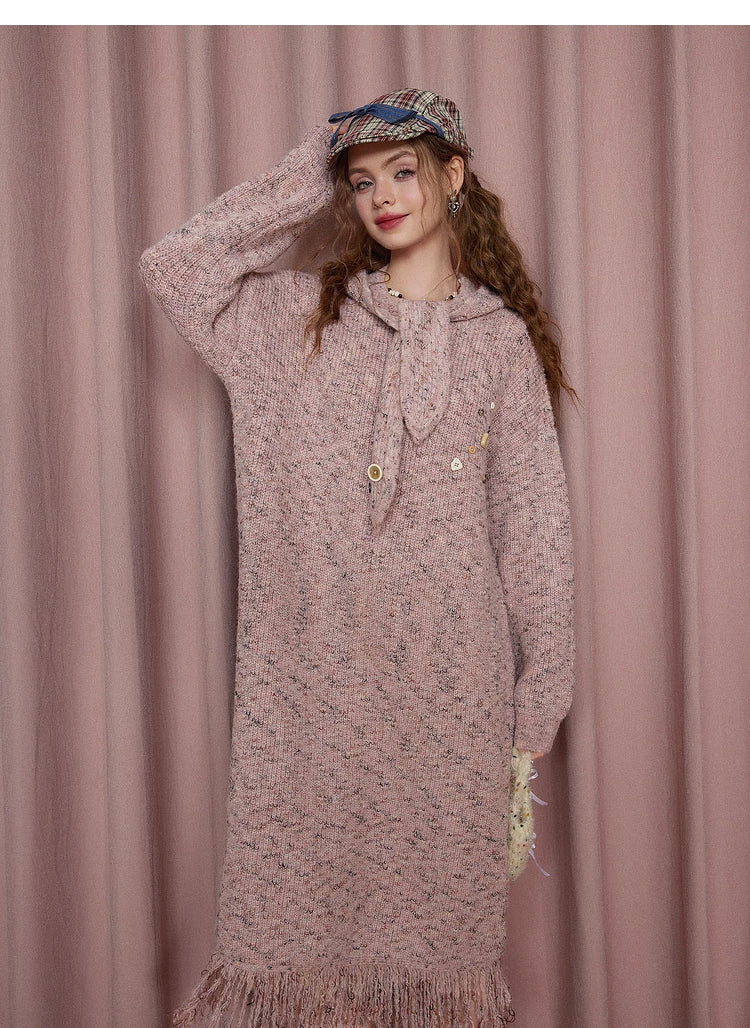 Robe longue ample à manches longues en maille avec capuche