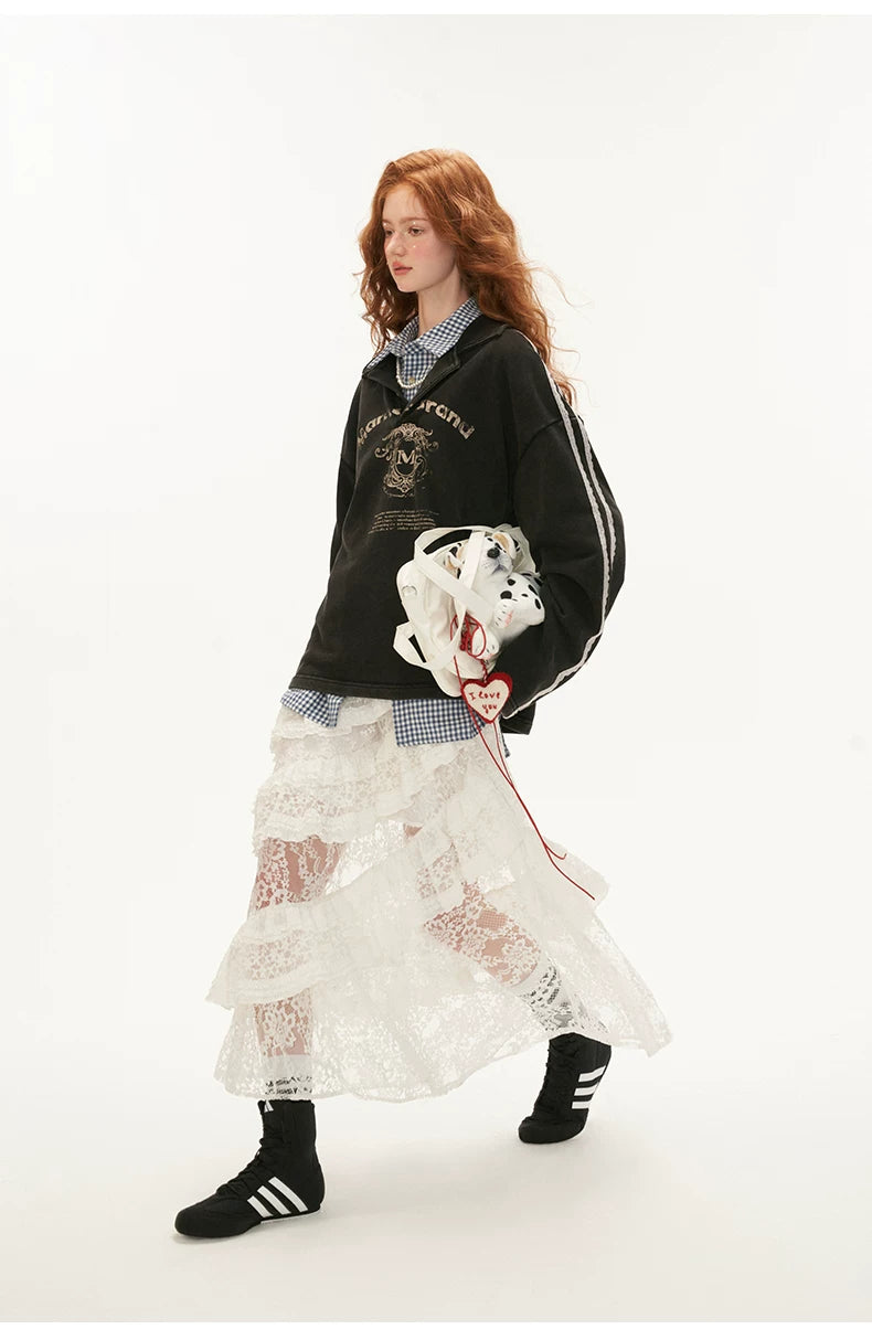 Washed Lace Polo Sweatshirt