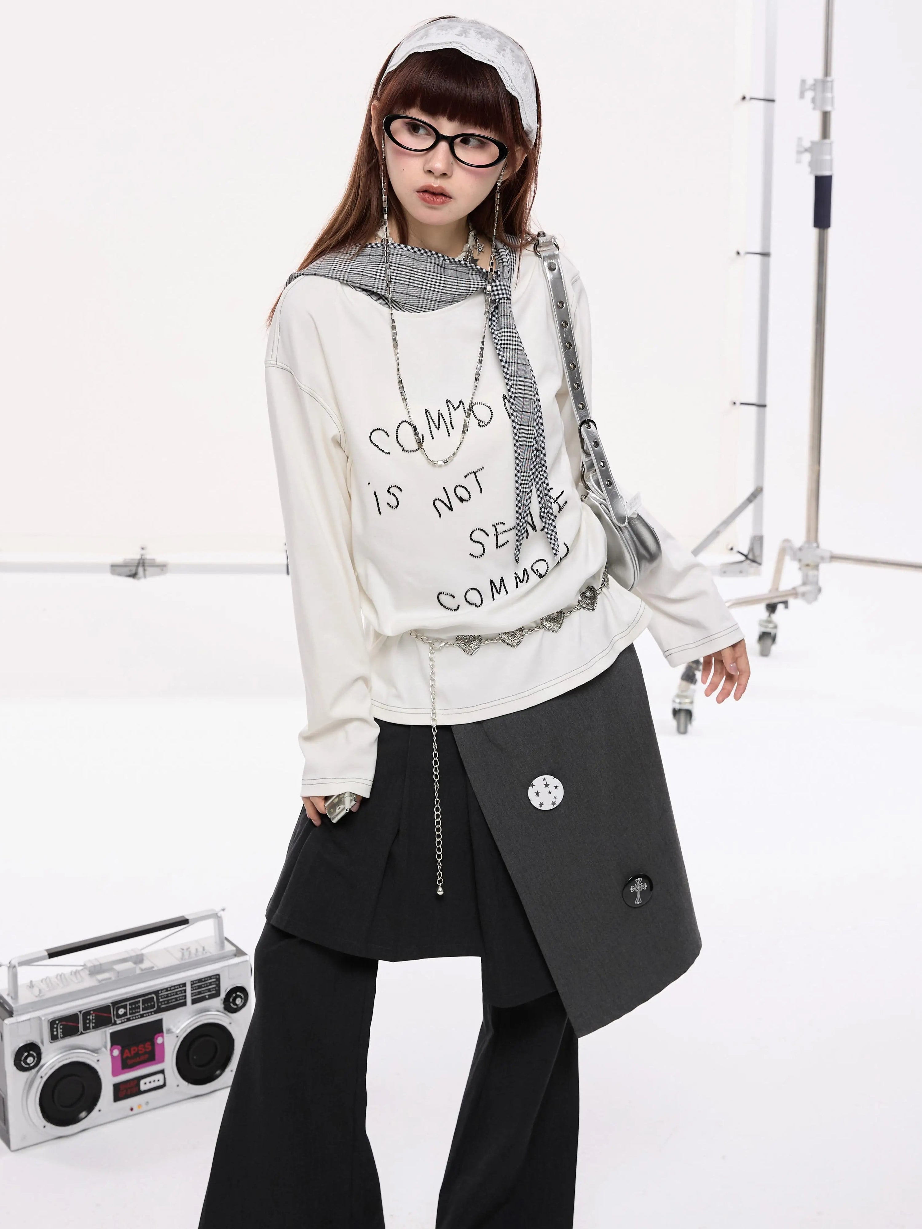 Beaded Letter Embroidery Plaid Hooded Oversize Long Sleeve T-Shirt