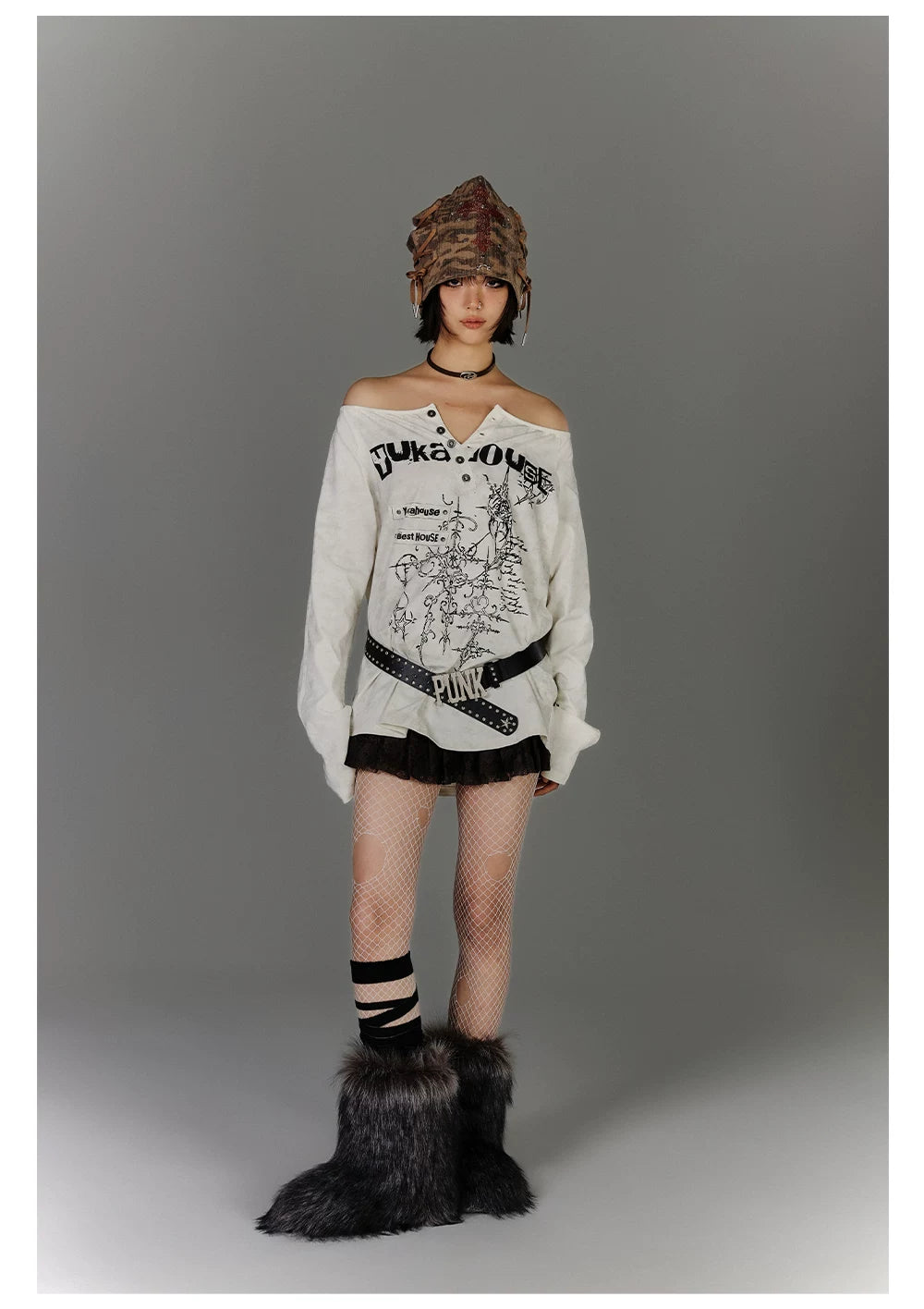 Off-Shoulder Graphic Print Button Long Sleeve T-Shirt