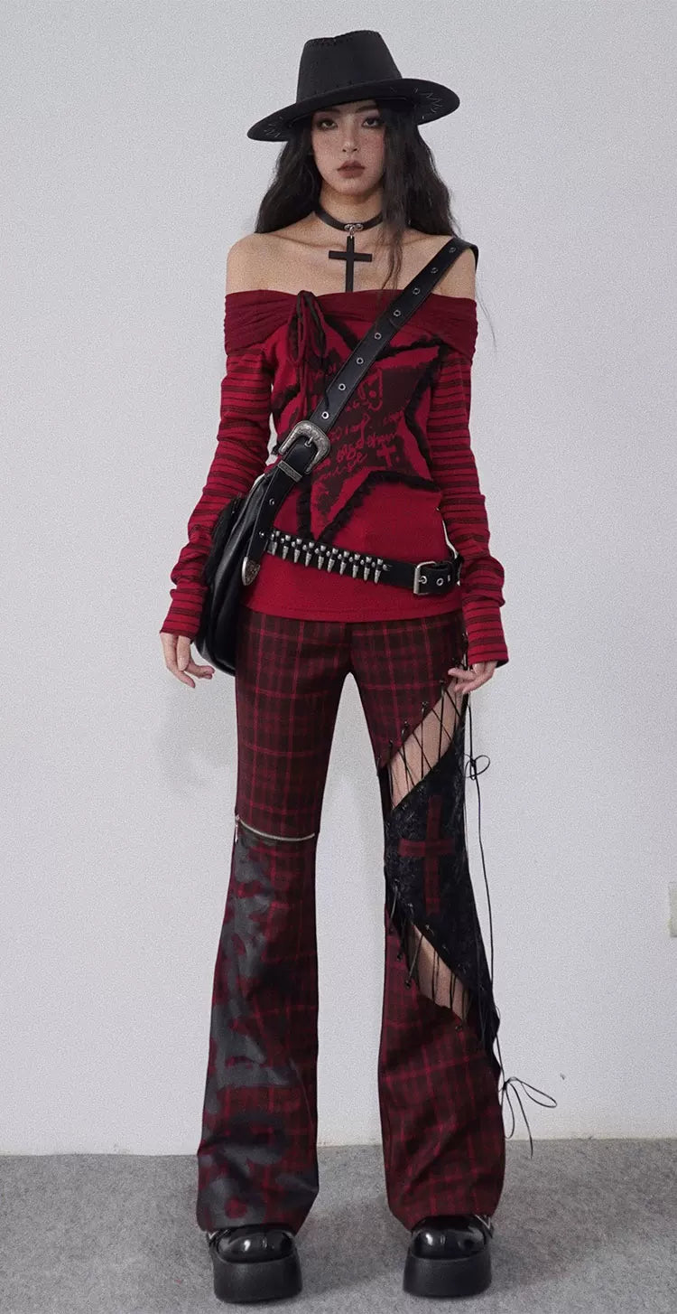 Tie-Strap Hollow-Out Plaid Patchwork PU Leather Pants