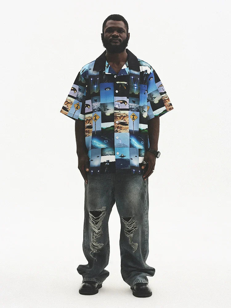 Camicia oversize a maniche corte con stampa grafica mista