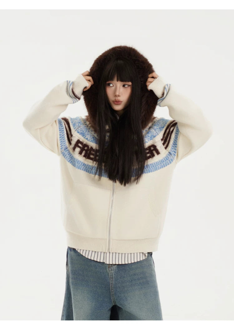Fair Isle Hooded Detachable Fur Collar Knit Cardigan