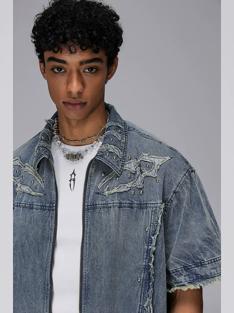 Wave Wash Damage Design Oversize Zipper Short Sleeve Shirt
