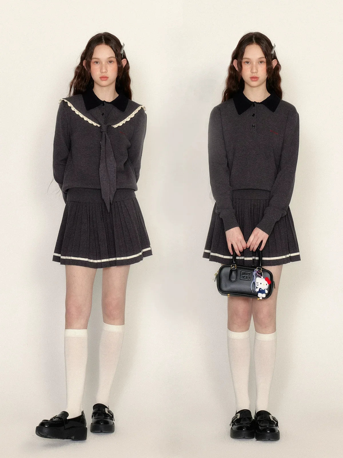 Detachable Sailor Collar Knit Sweater & Pleated Skirt Setup