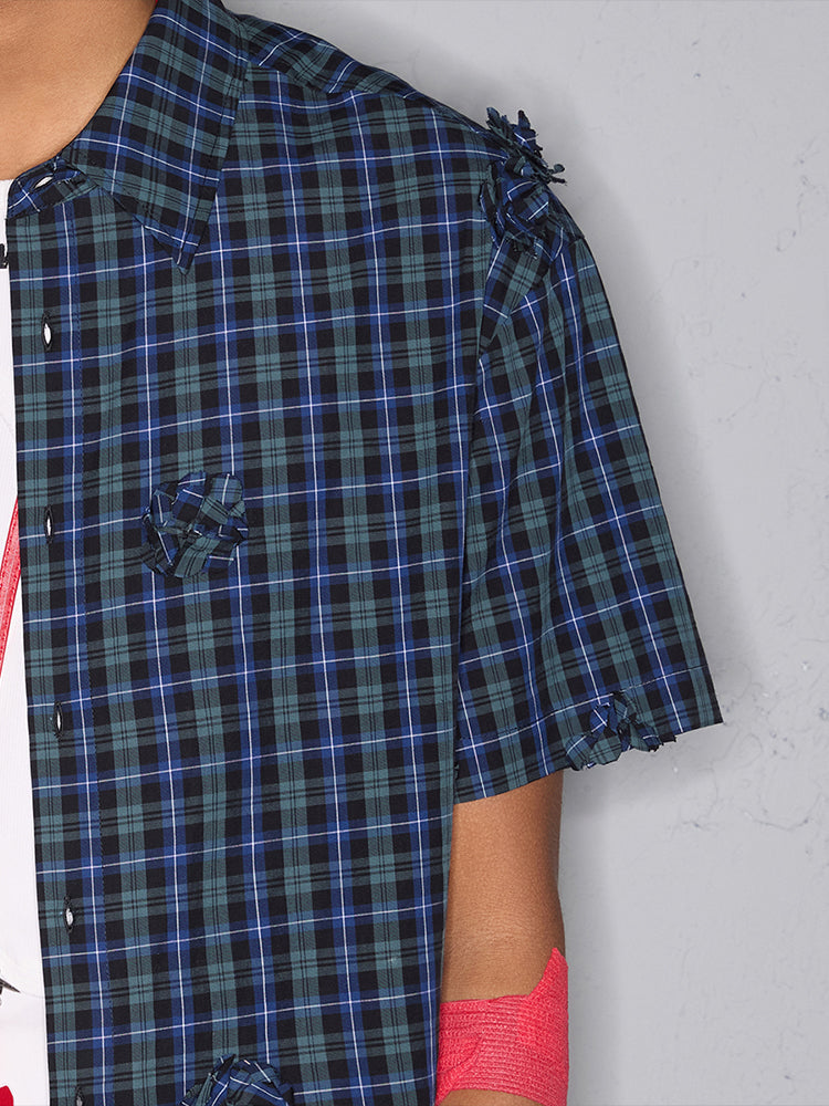 Handmade Floral Fabric Patchwork Plaid Short Sleeve Shirt