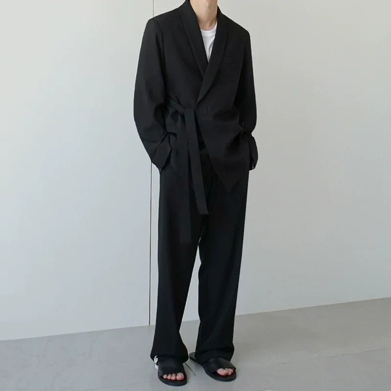 Oversize Belted Tailored Jacket & Wide-Leg Trousers Setup