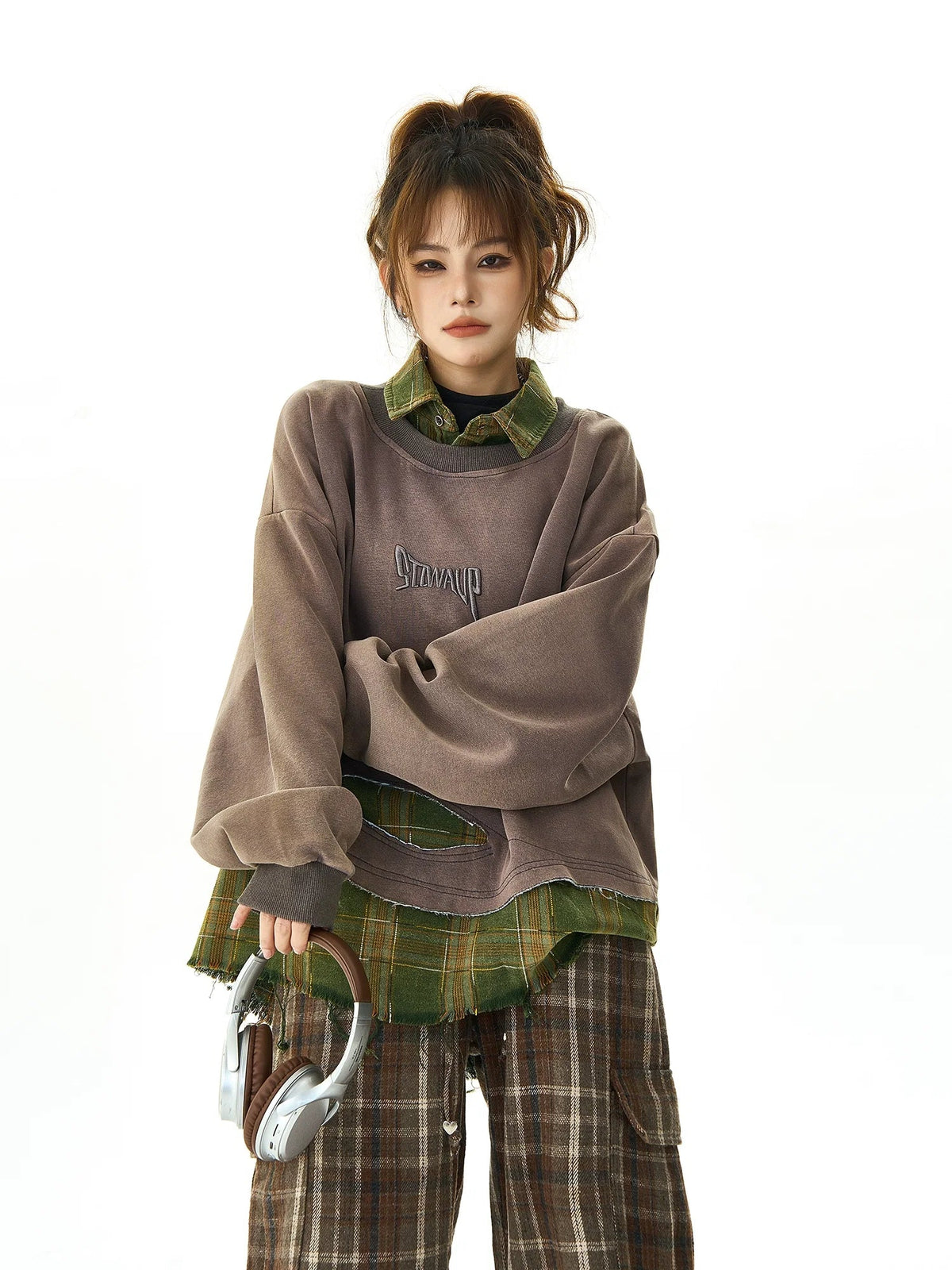 Plaid Stitching Fake Layered Sweatshirt