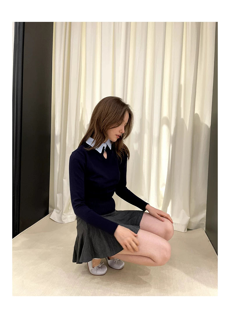 Collar Knit Sweater & Pleats Short Skirt Setup