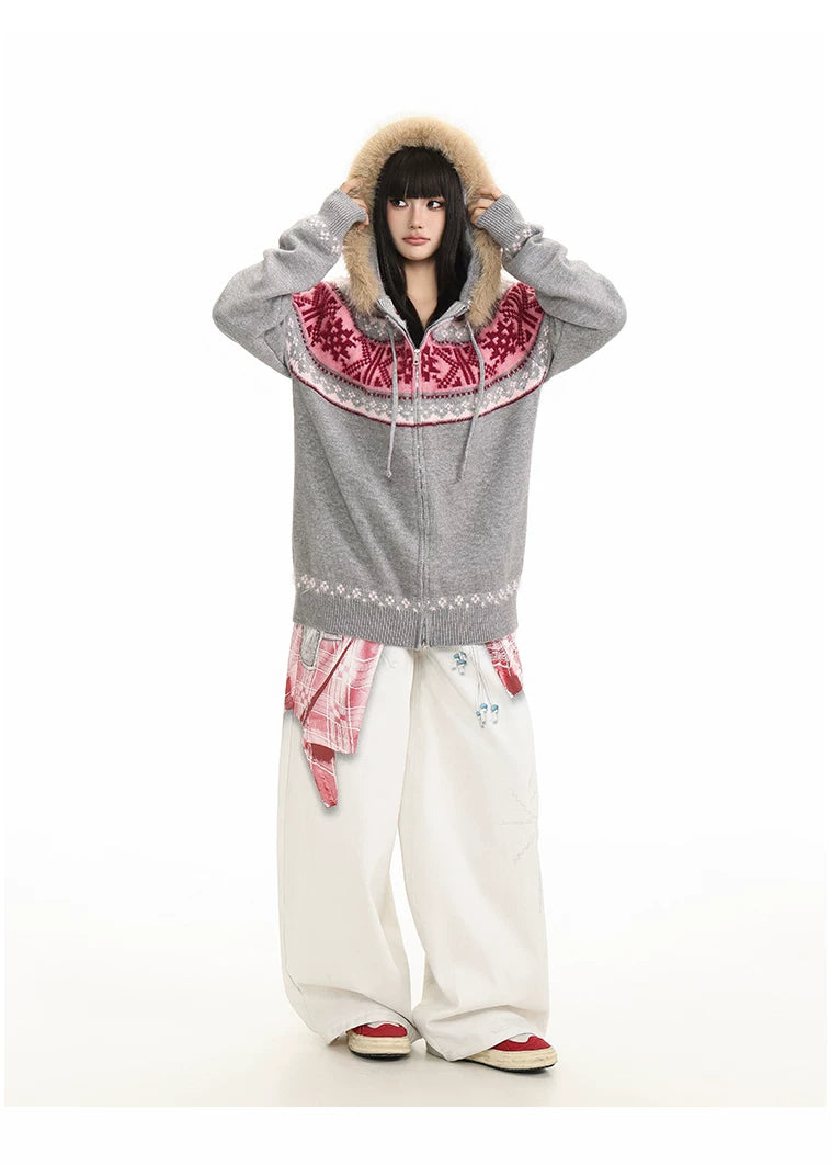 Fur Collar Fair Isle Hooded Knit Cardigan