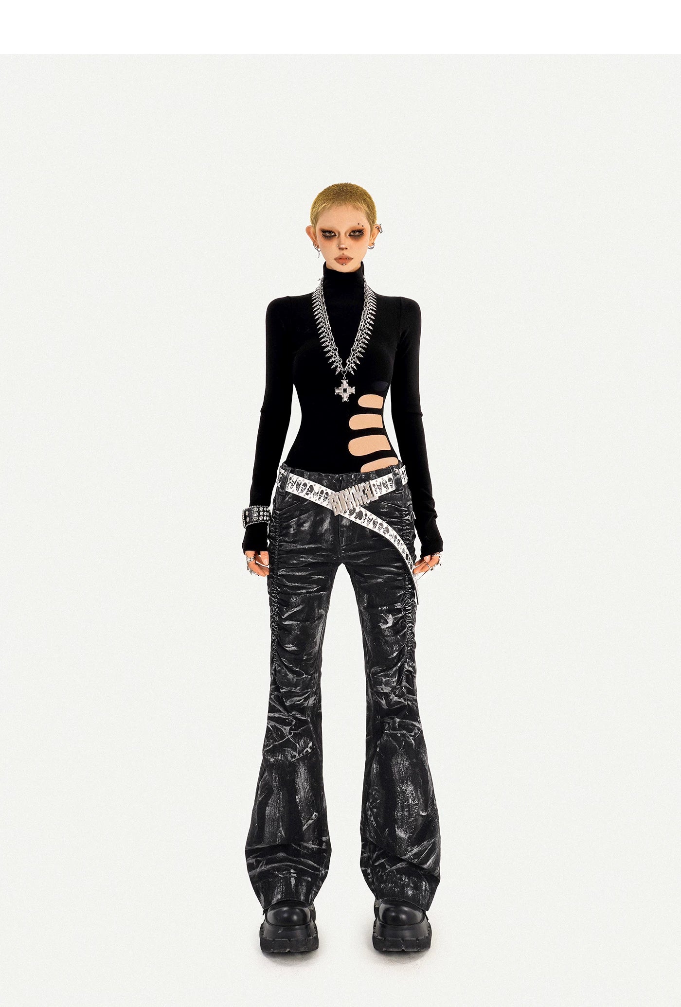 Lightning Print Deconstructed Pleats Flare Denim Jeans