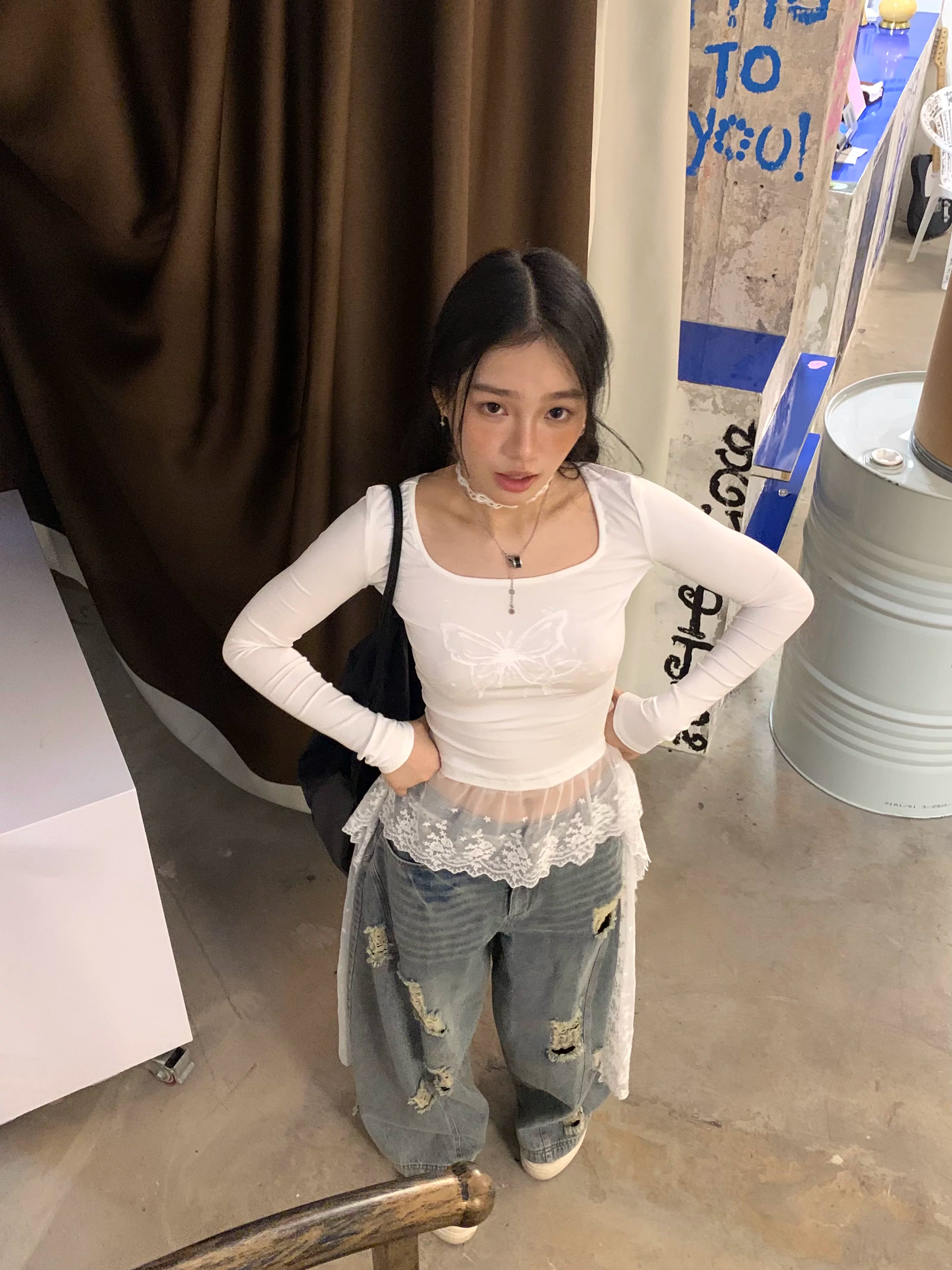 Washed Damage Wide Leg Shell Decoration Denim Jeans