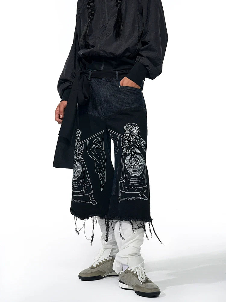 Graffiti Art Embroidery Patchwork Fringe Denim Short